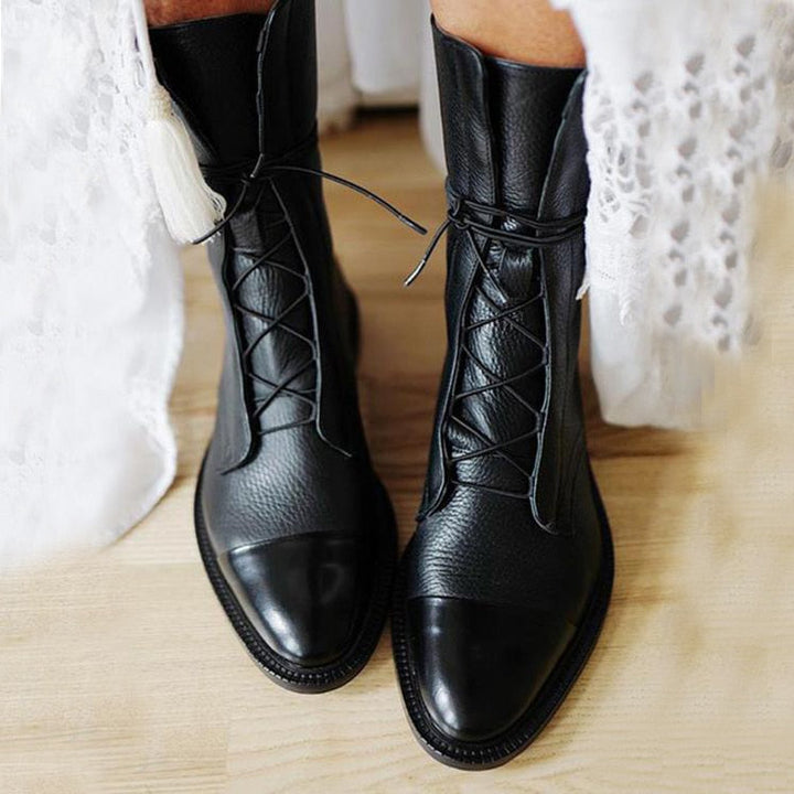 Sapphira | Cap Toe Lace-Up Pebbled Leather Mid Calf Boots