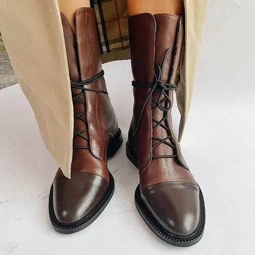 Sapphira | Cap Toe Lace-Up Pebbled Leather Mid Calf Boots