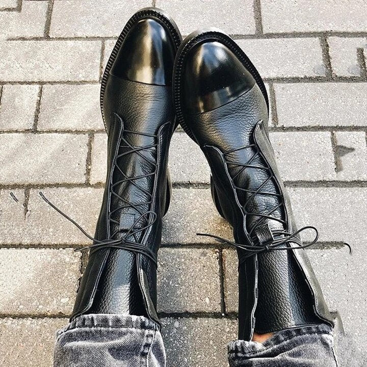 Sapphira | Cap Toe Lace-Up Pebbled Leather Mid Calf Boots