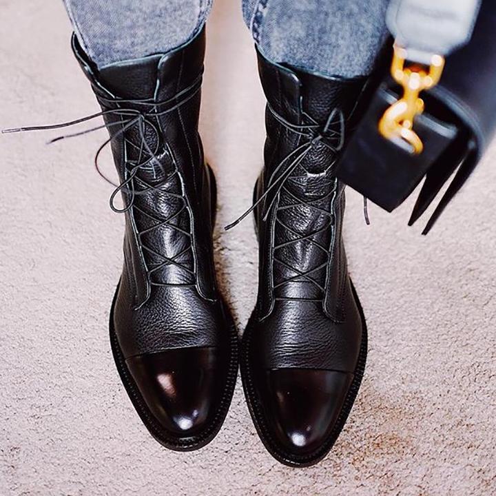Sapphira | Cap Toe Lace-Up Pebbled Leather Mid Calf Boots