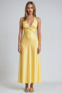 Gianna | Twist Front Satin Deep V Halter Neck Maxi Dress