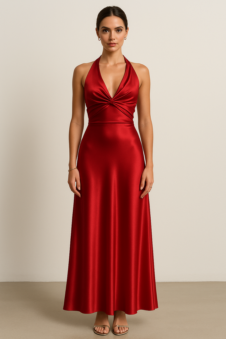 Gianna | Twist Front Satin Deep V Halter Neck Maxi Dress