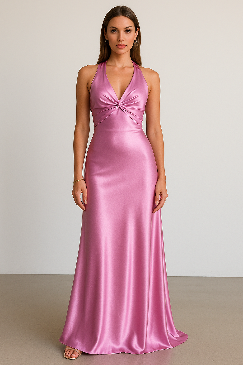 Gianna | Twist Front Satin Deep V Halter Neck Maxi Dress