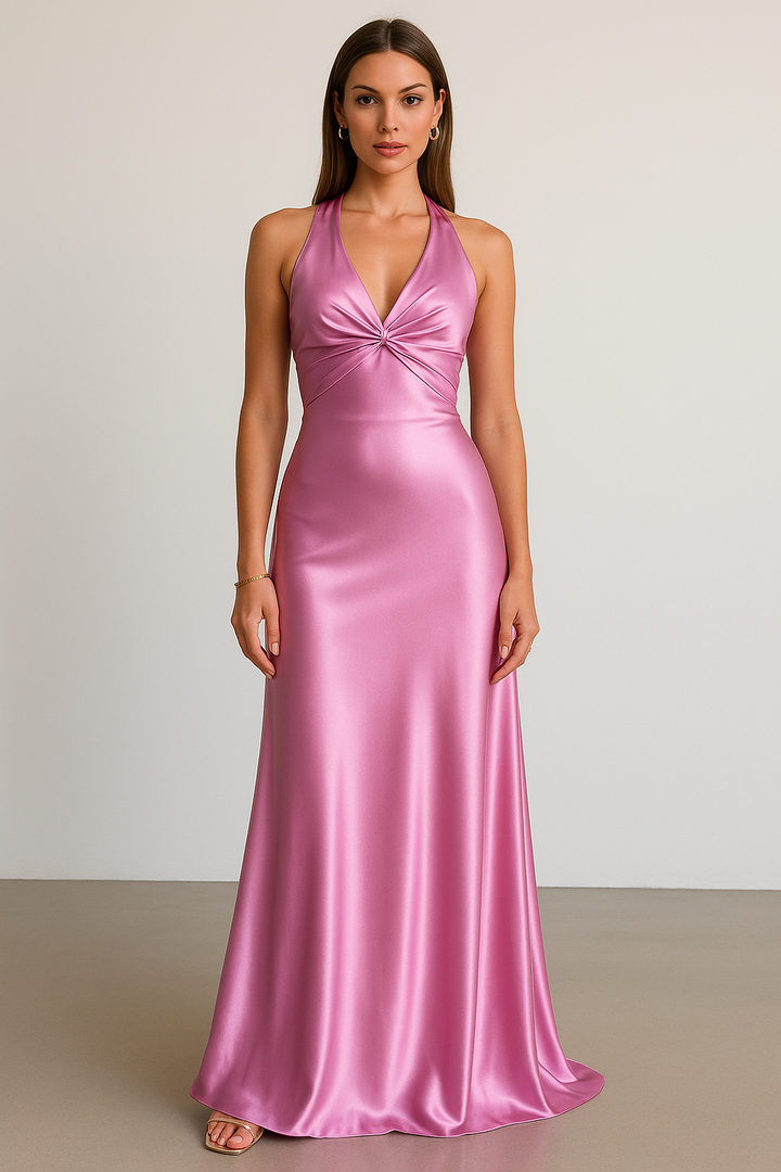 Gianna | Twist Front Satin Deep V Halter Neck Maxi Dress