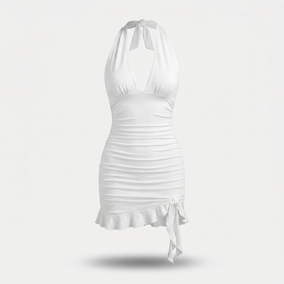 Roxanne | Deep V Ruched Ruffle Halter Neck Mini Dress