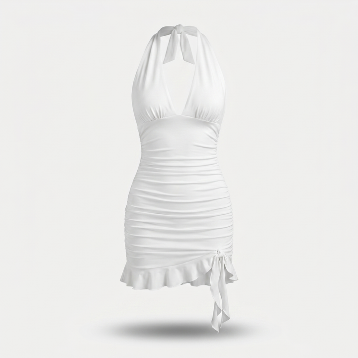 Roxanne | Deep V Ruched Ruffle Halter Neck Mini Dress