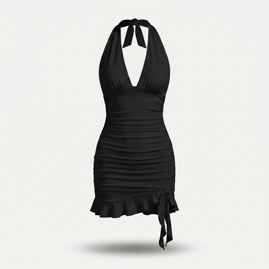 Roxanne | Deep V Ruched Ruffle Halter Neck Mini Dress