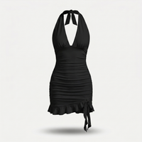 Roxanne | Deep V Ruched Ruffle Halter Neck Mini Dress