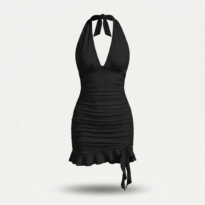 Roxanne | Deep V Ruched Ruffle Halter Neck Mini Dress
