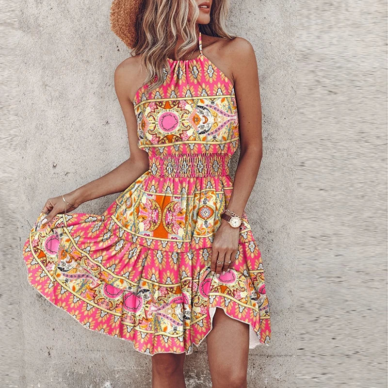 Sahara | Boho Print Smocked Waist Halter Neck Wedding Guest Dress