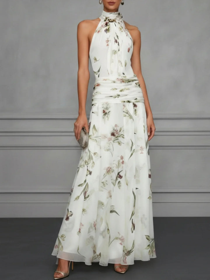 Delphine | Floral Chiffon Ruched Waist Halter Neck Maxi Dress