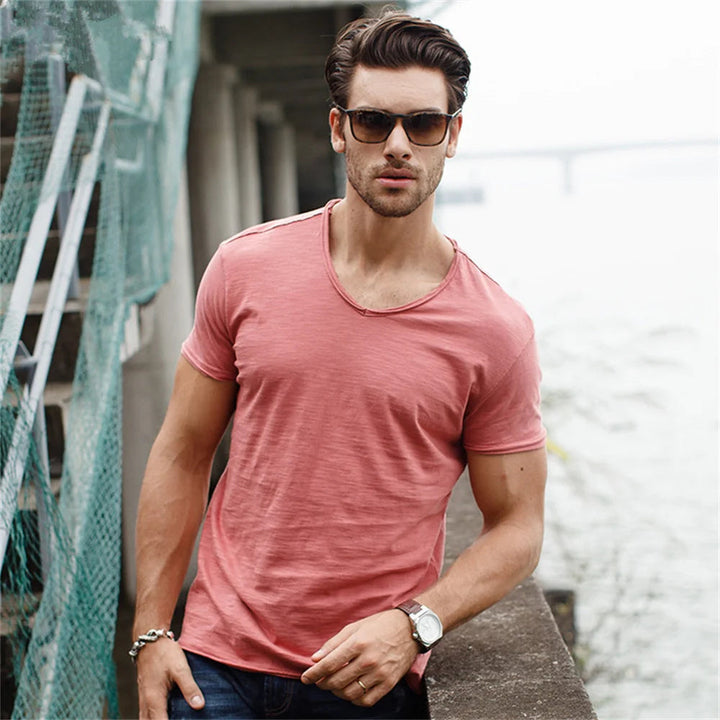 Riviera | Slim Fit Raw Edge Scoop Neck Plain Mens T Shirt