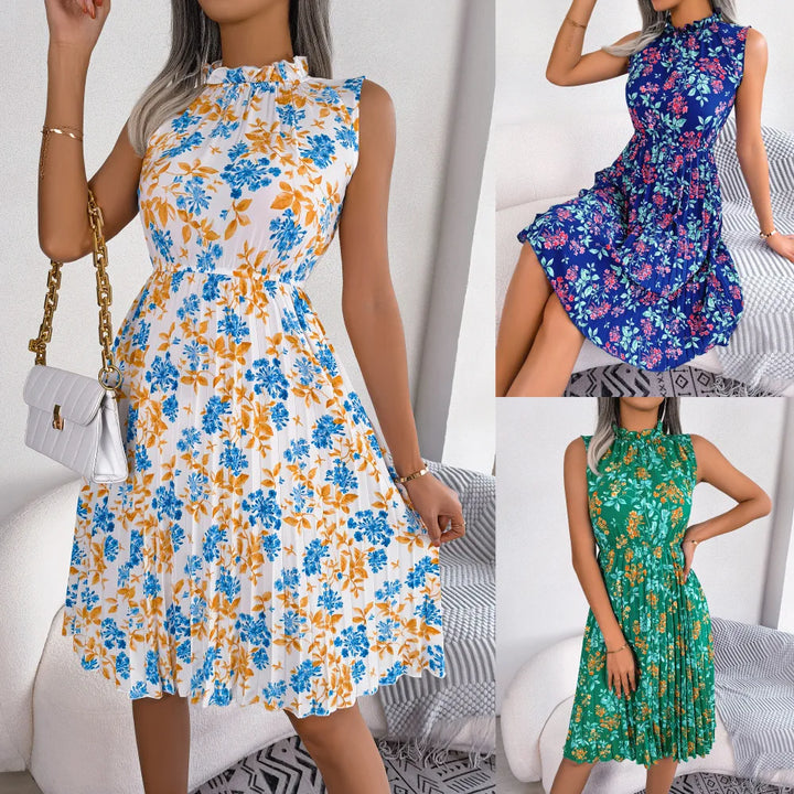 Perenna | Floral Frill-Neck Womens Pleated Midi Dress Sleeveless