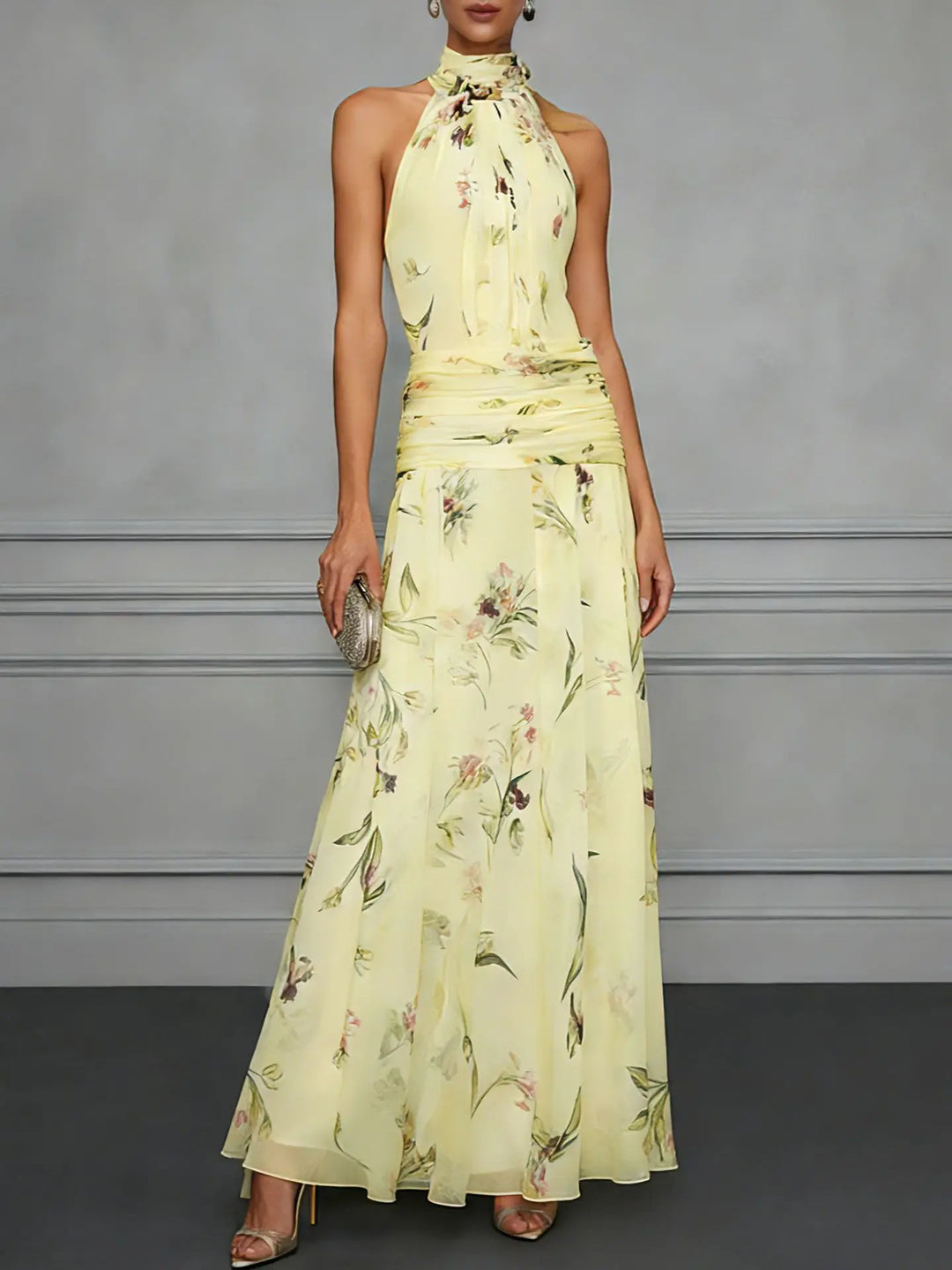 Delphine | Floral Chiffon Ruched Waist Halter Neck Maxi Dress