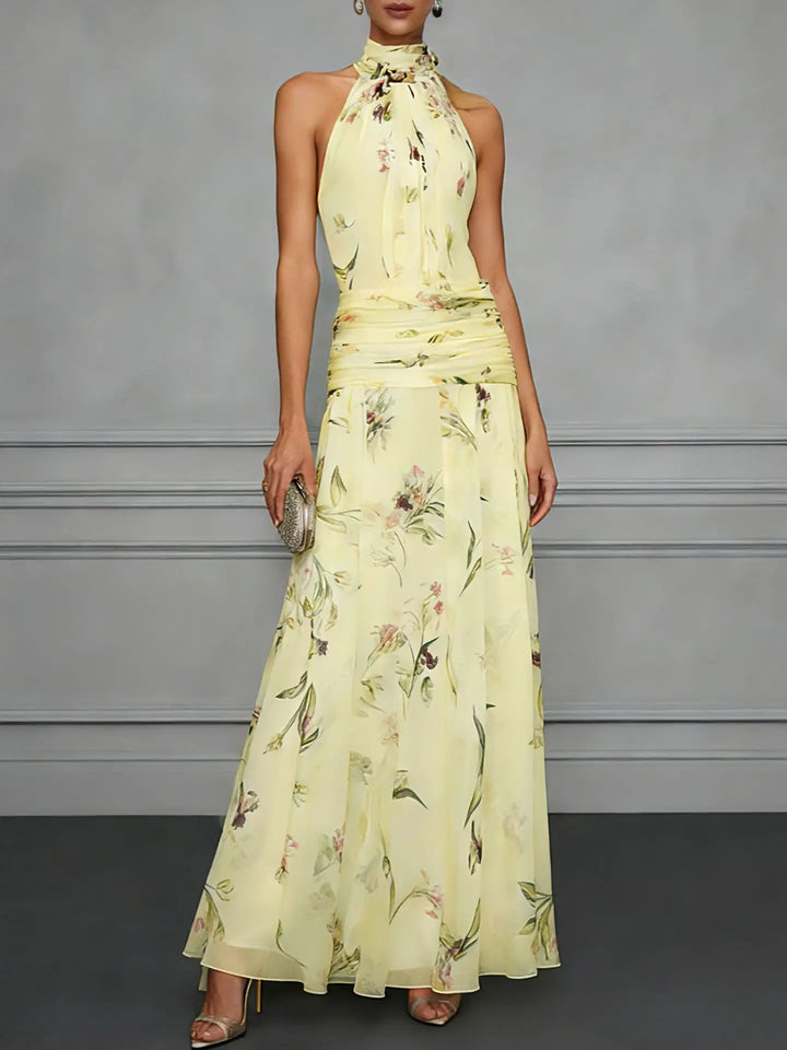 Delphine | Floral Chiffon Ruched Waist Halter Neck Maxi Dress