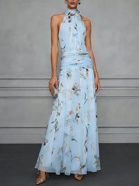 Delphine | Floral Chiffon Ruched Waist Halter Neck Maxi Dress