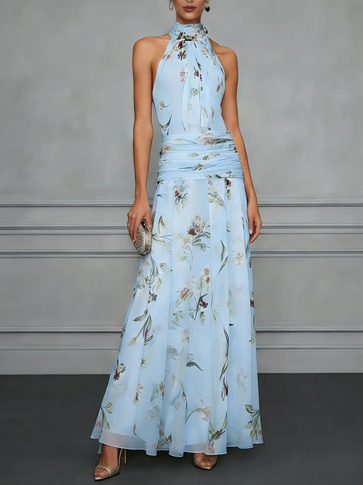 Delphine | Floral Chiffon Ruched Waist Halter Neck Maxi Dress