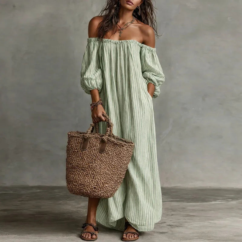Margaux | Striped Off The Shoulder Dress Linen Maxi