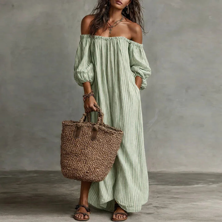 Margaux | Striped Off The Shoulder Dress Linen Maxi