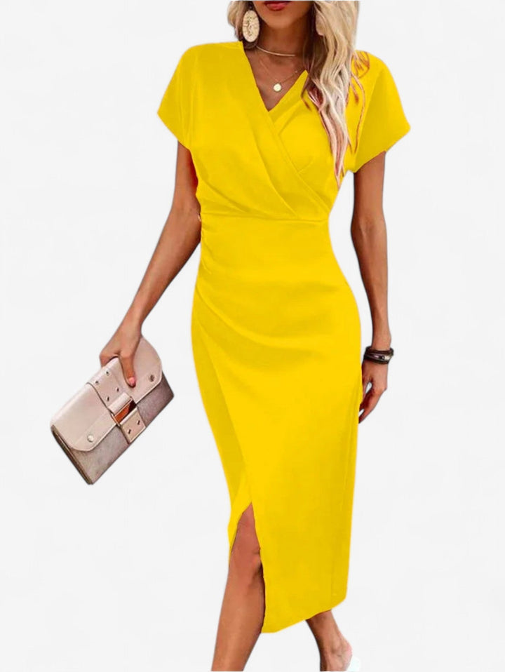 Priya | Wrap V-Neck Cap Sleeve Split Hem Bodycon Midi Formal Dress
