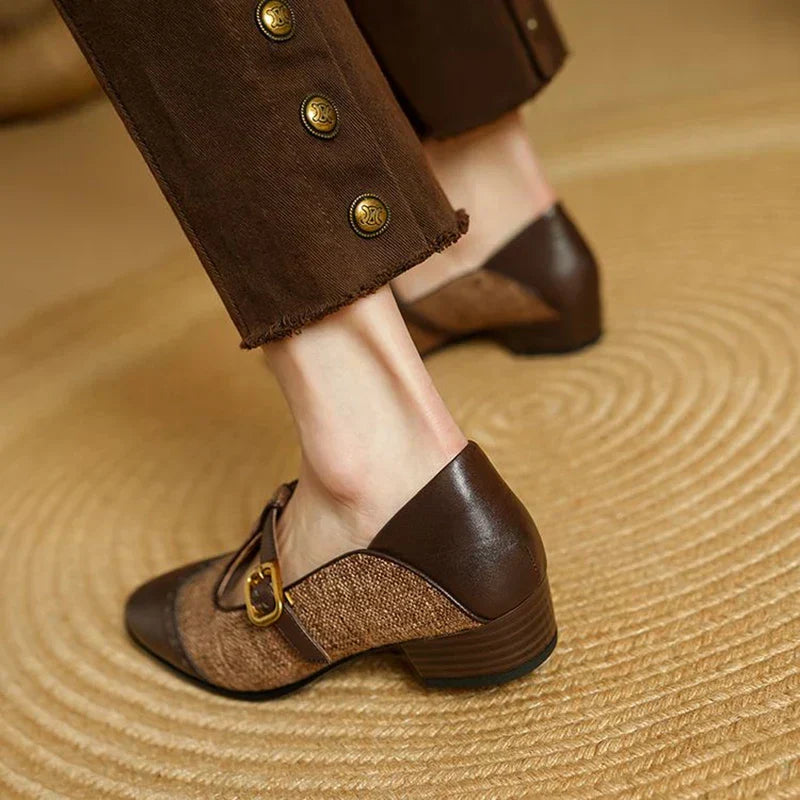 Paloma | Tweed Leather Trim T-Bar Block Heel Mary Jane Flats