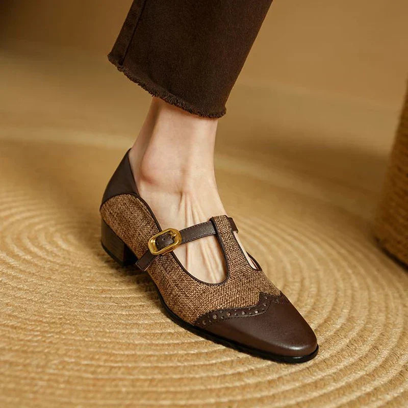 Paloma | Tweed Leather Trim T-Bar Block Heel Mary Jane Flats