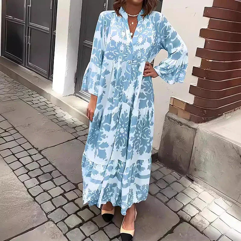 Venetia | Baroque Print Lantern Sleeve Tiered Boho Dress