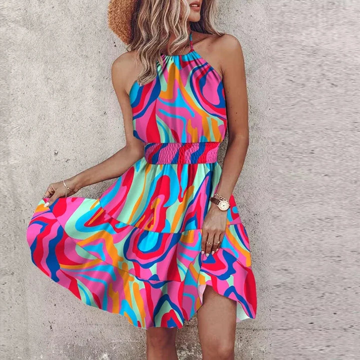 Sahara | Boho Print Smocked Waist Halter Neck Wedding Guest Dress
