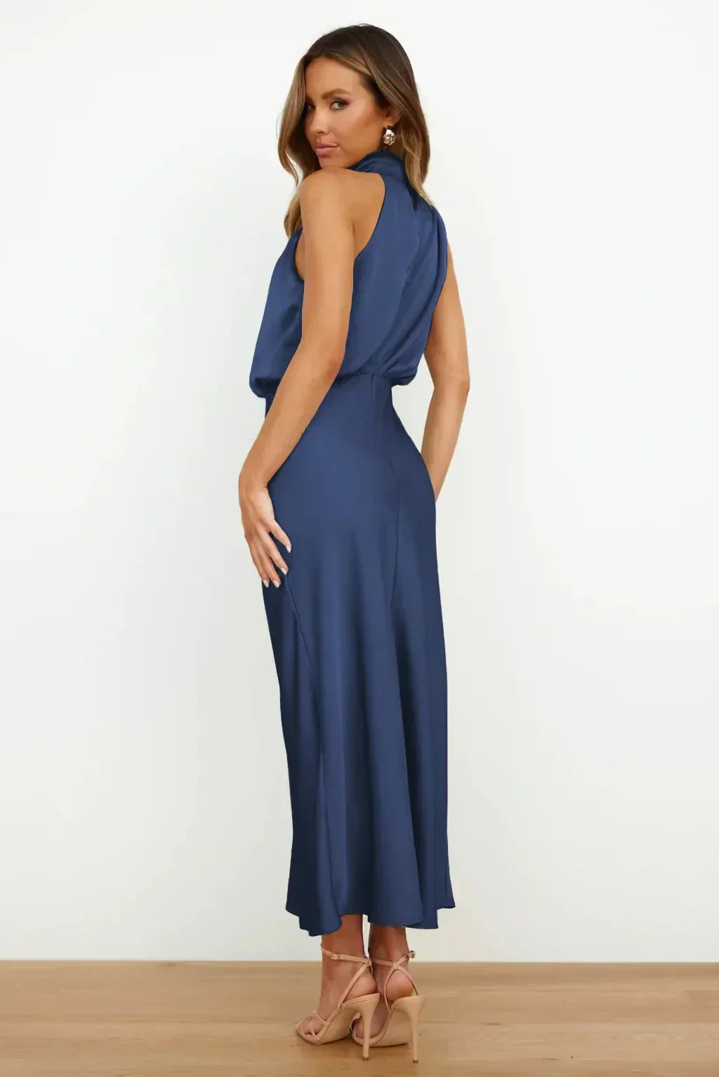 Severine | Draped Twist Satin Halter Neck Maxi Dress with Open Back