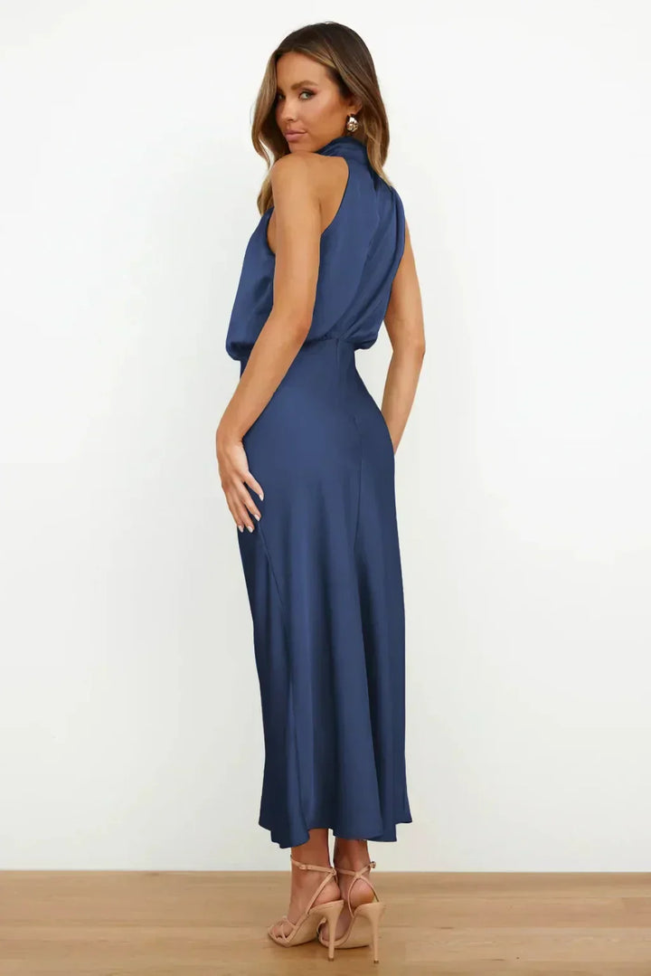 Vesper | Twisted Cowl Blouson Satin Halter Neck Maxi Dress