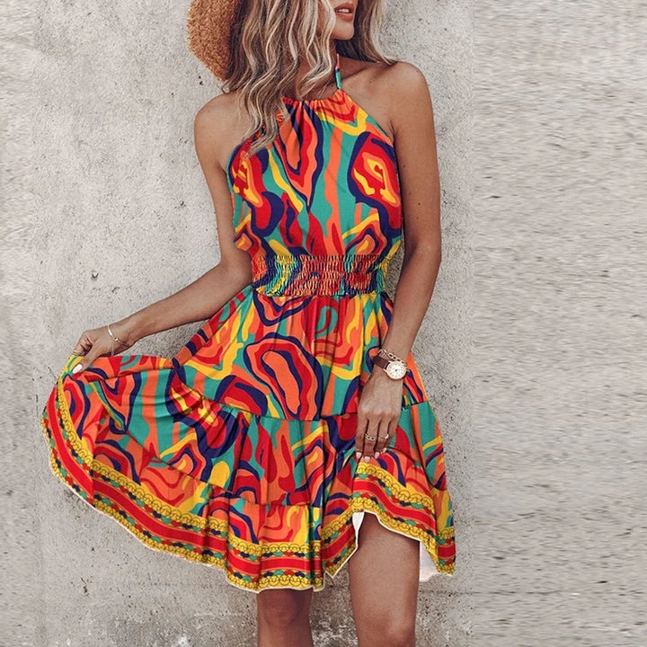 Sahara | Boho Print Smocked Waist Halter Neck Wedding Guest Dress
