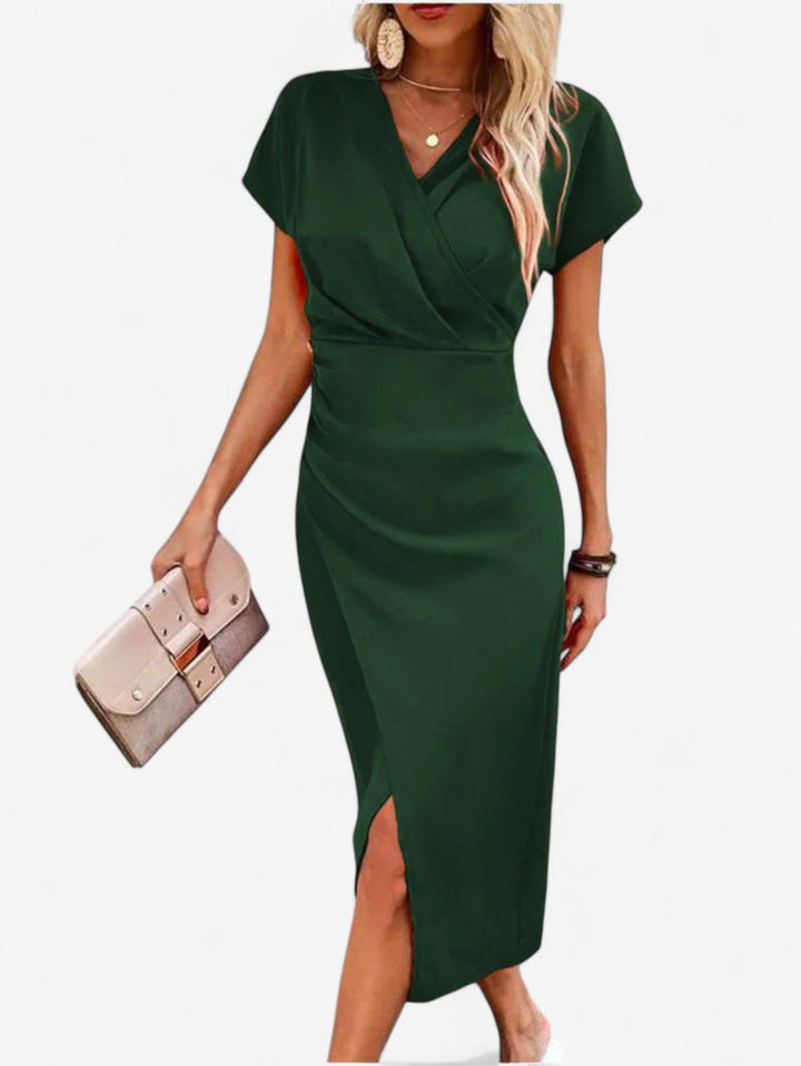 Priya | Wrap V-Neck Cap Sleeve Split Hem Bodycon Midi Formal Dress