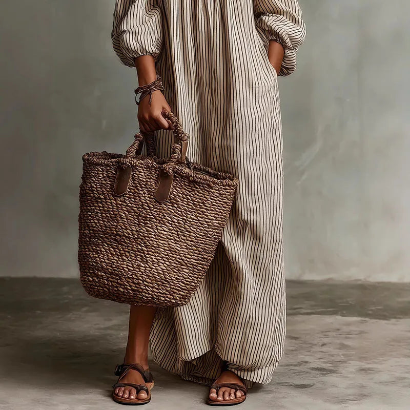 Margaux | Striped Off The Shoulder Dress Linen Maxi