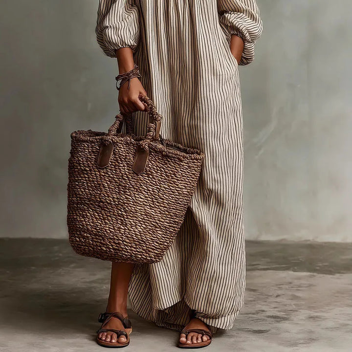 Margaux | Striped Off The Shoulder Dress Linen Maxi