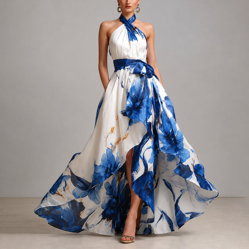 Adriana | Bold Floral Criss Cross Bow Halter Neck Maxi Dress