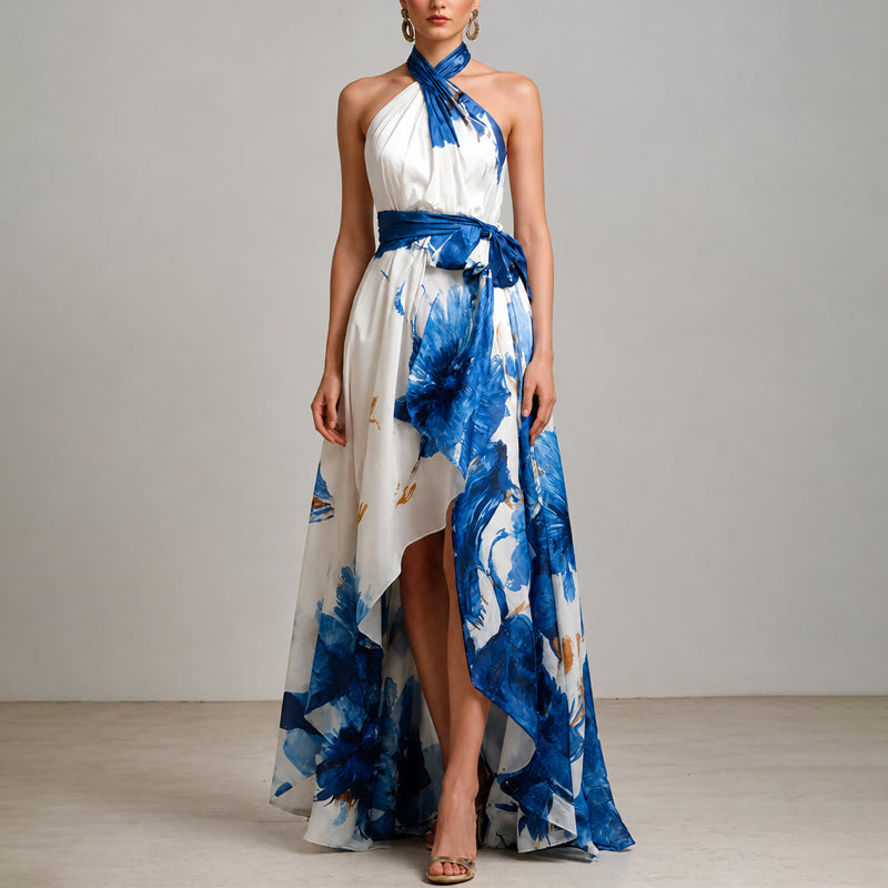 Adriana | Bold Floral Criss Cross Bow Halter Neck Maxi Dress