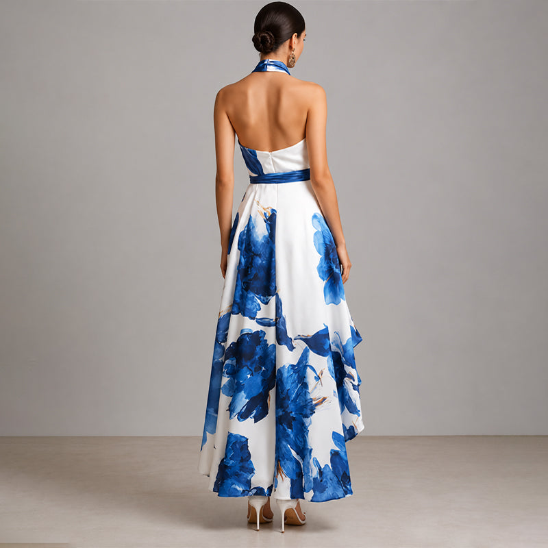 Adriana | Bold Floral Criss Cross Bow Halter Neck Maxi Dress