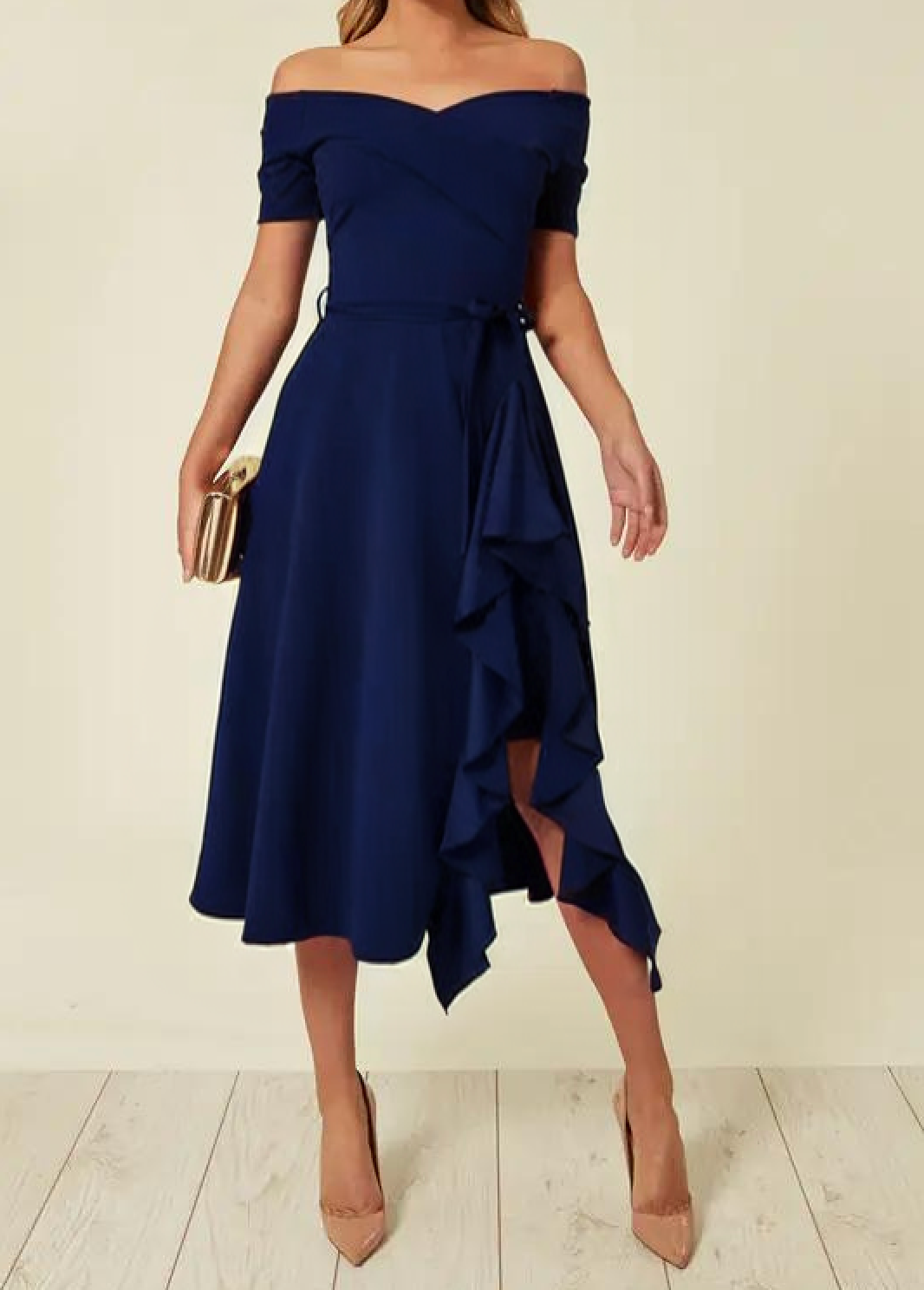 Rosalind | Ruffled One Shoulder Dress Midi with Tie Waist