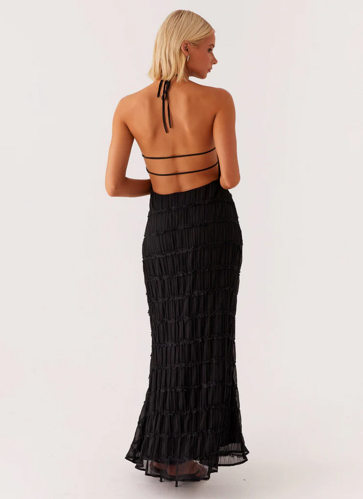 Evangeline | Tiered Lace Trim Halter Neck Maxi Dress with Open Back