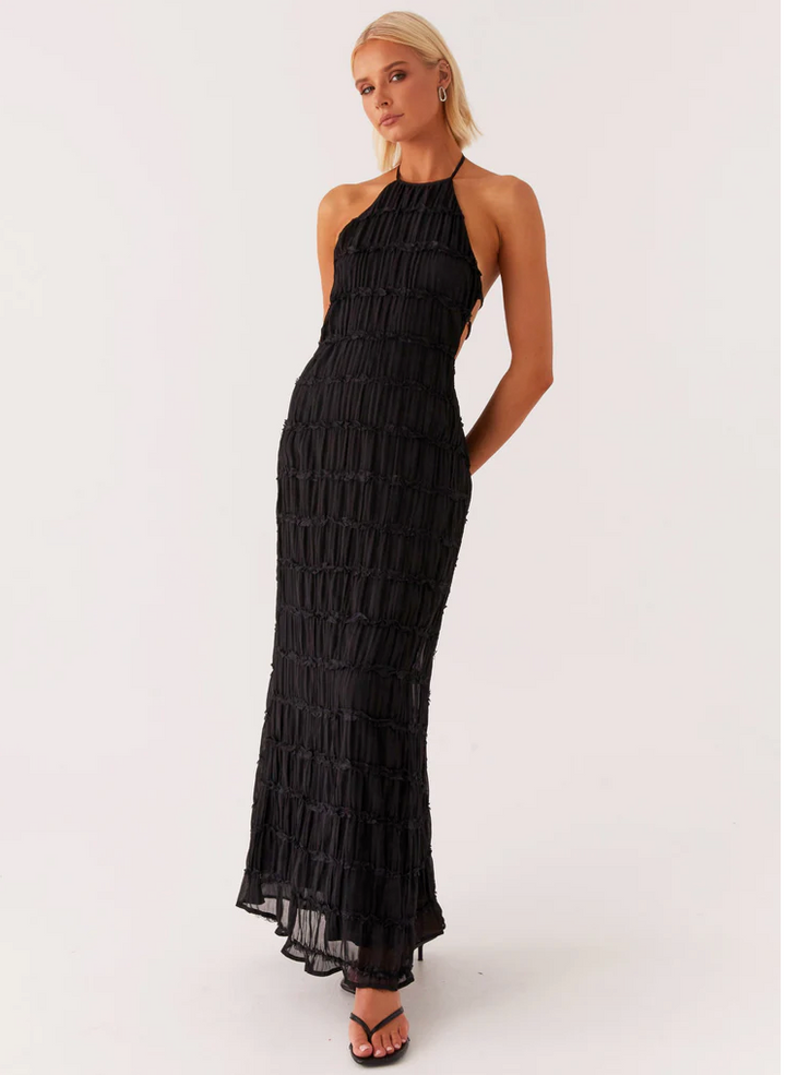 Evangeline | Tiered Lace Trim Halter Neck Maxi Dress with Open Back