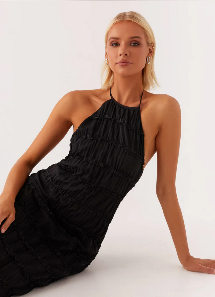 Evangeline | Tiered Lace Trim Halter Neck Maxi Dress with Open Back