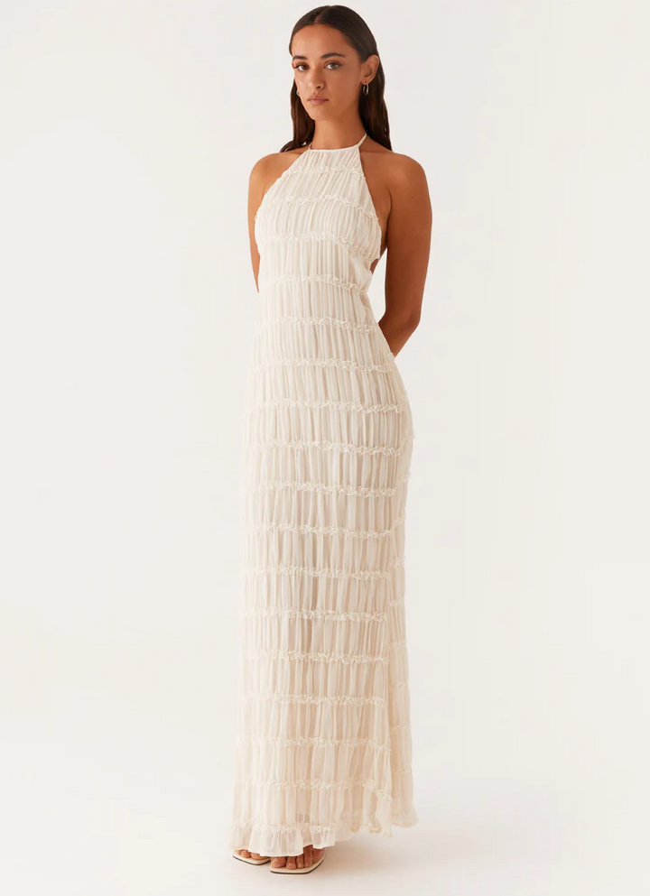 Evangeline | Tiered Lace Trim Halter Neck Maxi Dress with Open Back