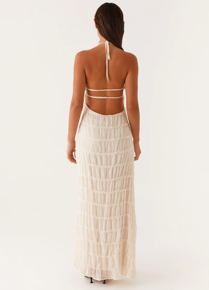 Evangeline | Tiered Lace Trim Halter Neck Maxi Dress with Open Back