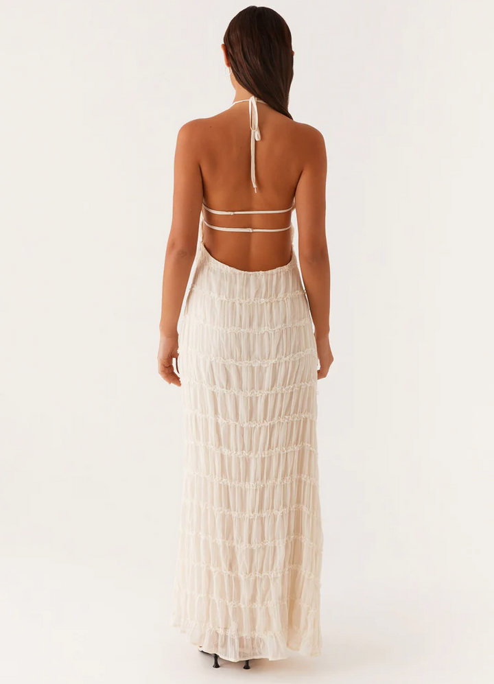 Evangeline | Tiered Lace Trim Halter Neck Maxi Dress with Open Back