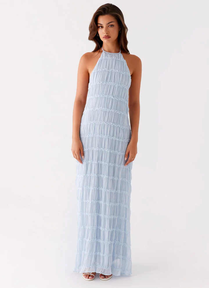 Evangeline | Tiered Lace Trim Halter Neck Maxi Dress with Open Back