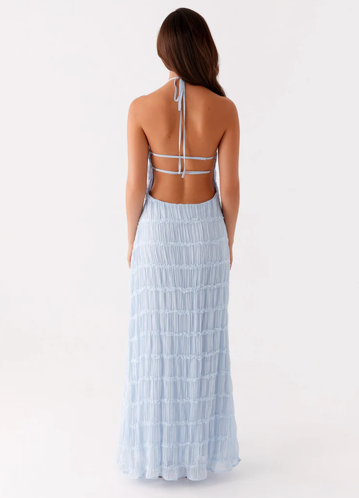 Evangeline | Tiered Lace Trim Halter Neck Maxi Dress with Open Back