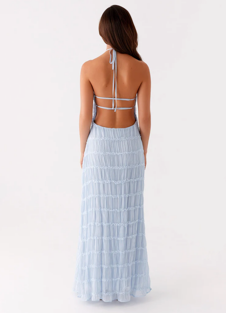 Evangeline | Tiered Lace Trim Halter Neck Maxi Dress with Open Back