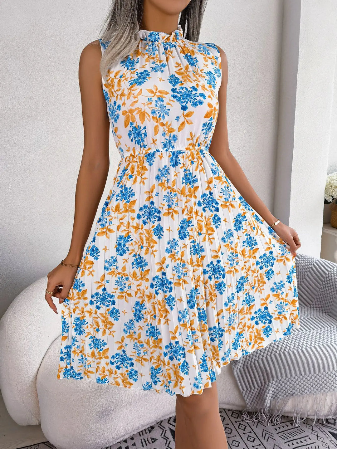 Perenna | Floral Frill-Neck Womens Pleated Midi Dress Sleeveless