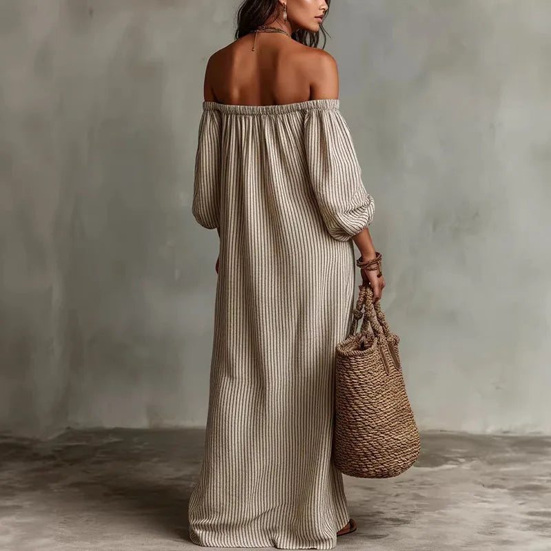 Margaux | Striped Off The Shoulder Dress Linen Maxi