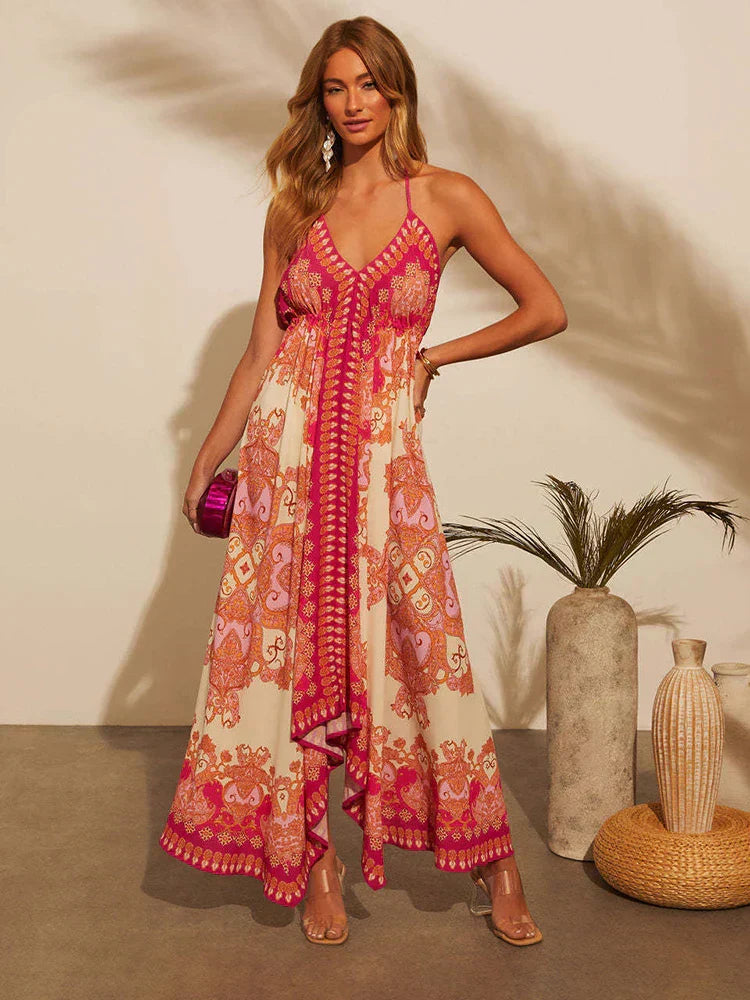 Soraya | Paisley Print Lace-Trim Halter Neck Maxi Dress with V-Neck